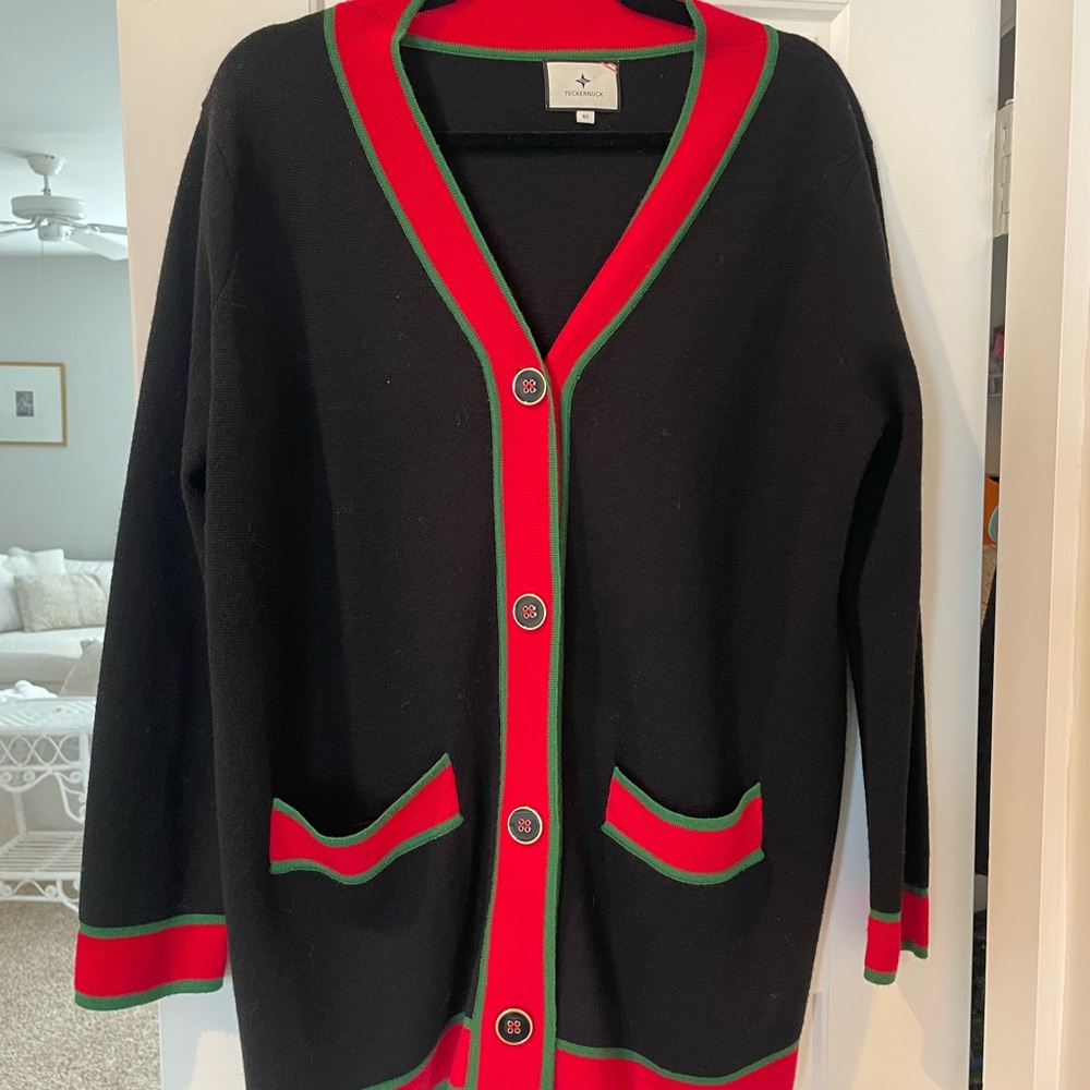 Tuckernuck Black Cardigan with Red and Green Trim